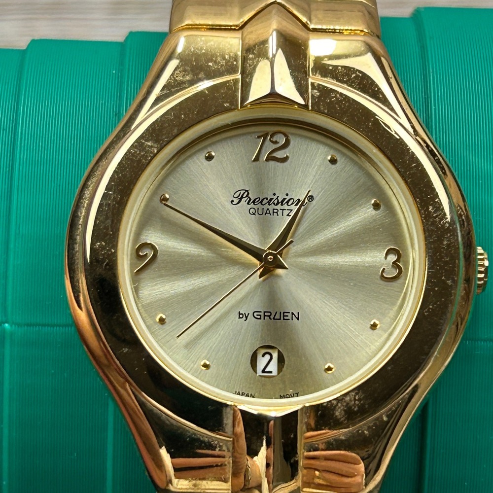 Precision by Gruen Gold Tone Quartz Watch Date Window Japan Movt Tested